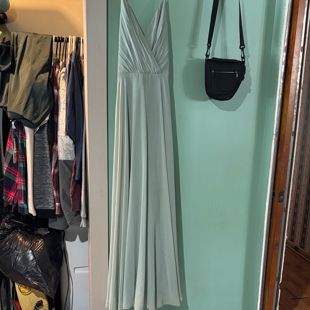 David's Bridal Sage Green Maxi Dress V-Neck Spaghetti Straps